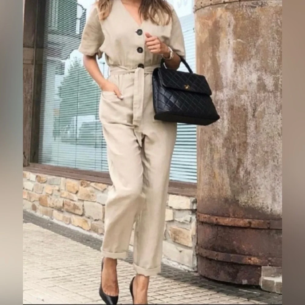 Zara Tan Linen Jumpsuit Size Large